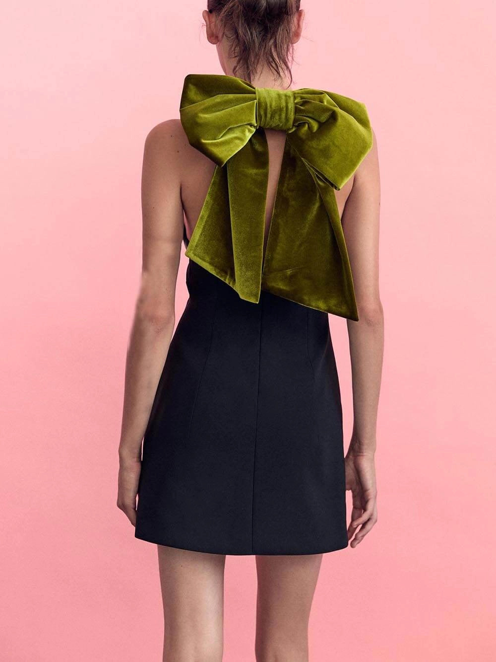 Party Contrast Back Velvet Bow Mini Dress
