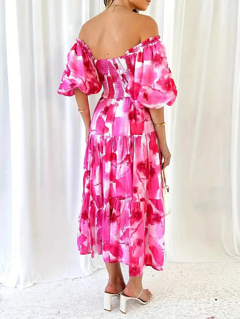 Abstract Print Off Shoulder Shirred Dress