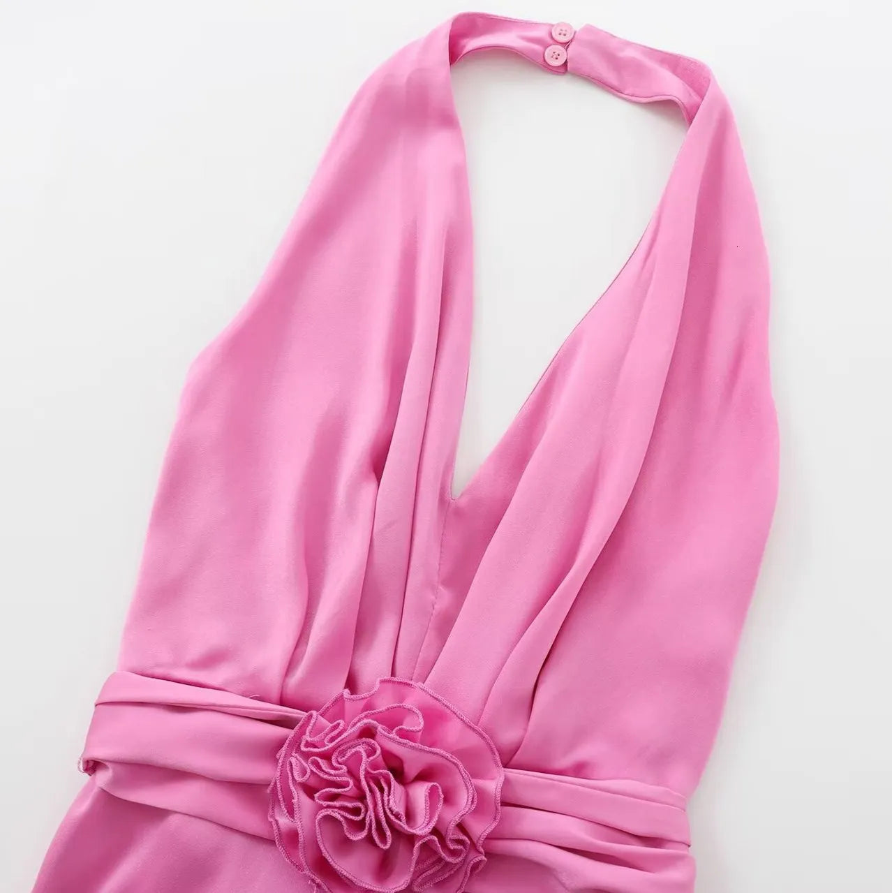 Women Pink Satin Detachable Bow Backless Midi Dress