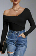 Ribbed Knit Off Shoulder Long Sleeve Top