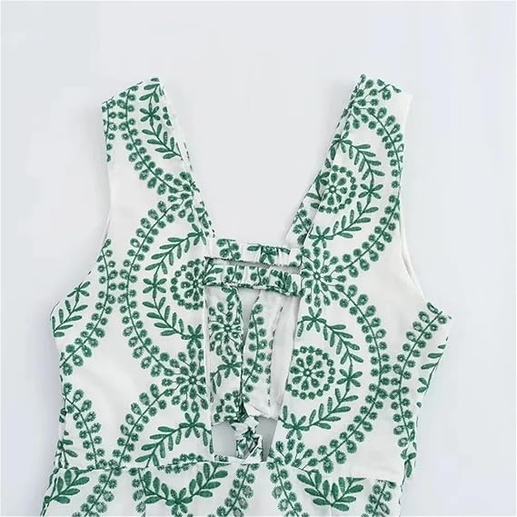 V-Neck Sleeveless Knot Decorated Hollow Embroidered Dress