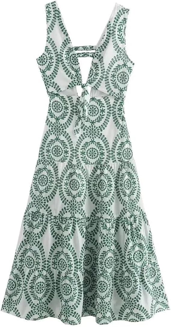 V-Neck Sleeveless Knot Decorated Hollow Embroidered Dress