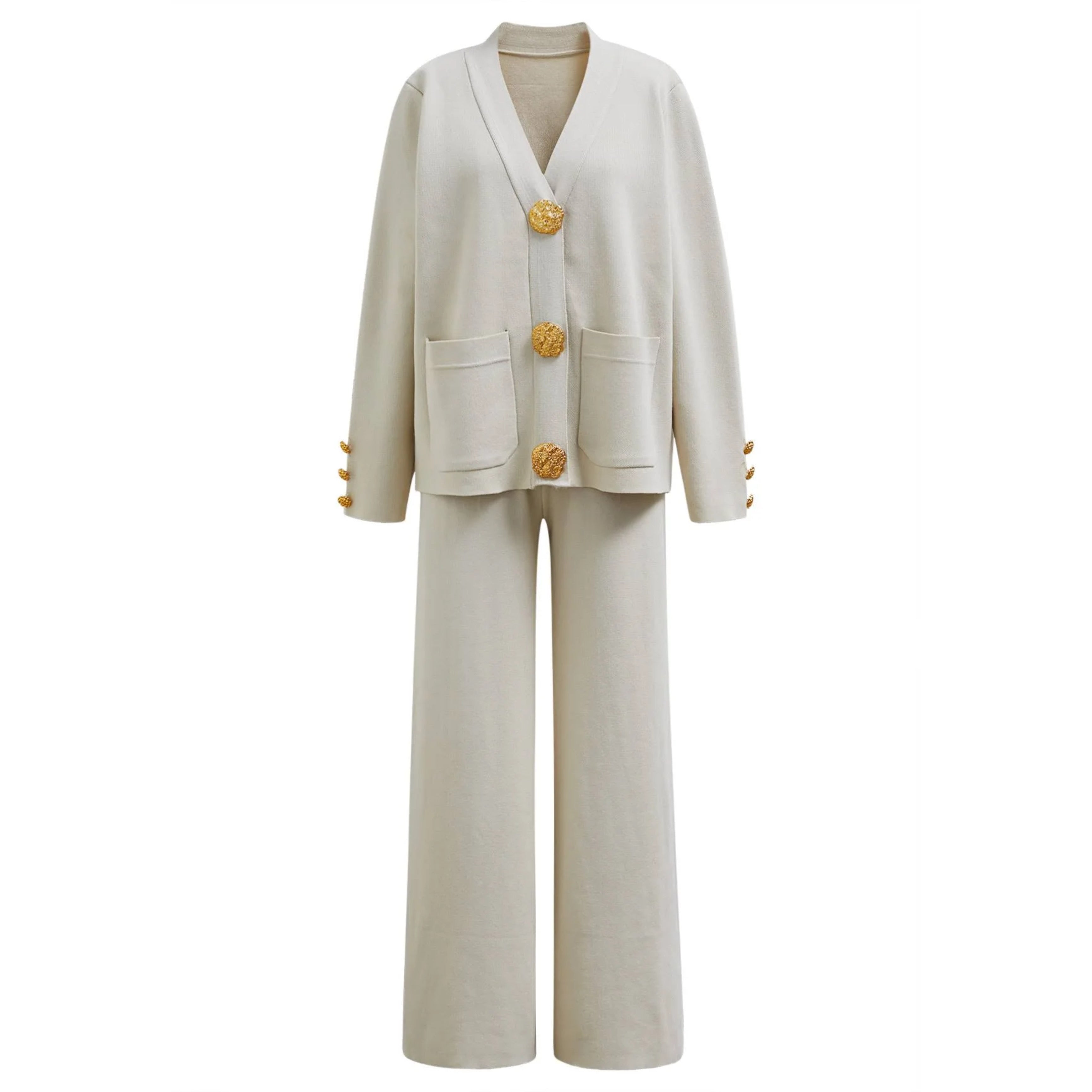 Metal Button Detail Knit Cardigan & Wide Legged Pant set