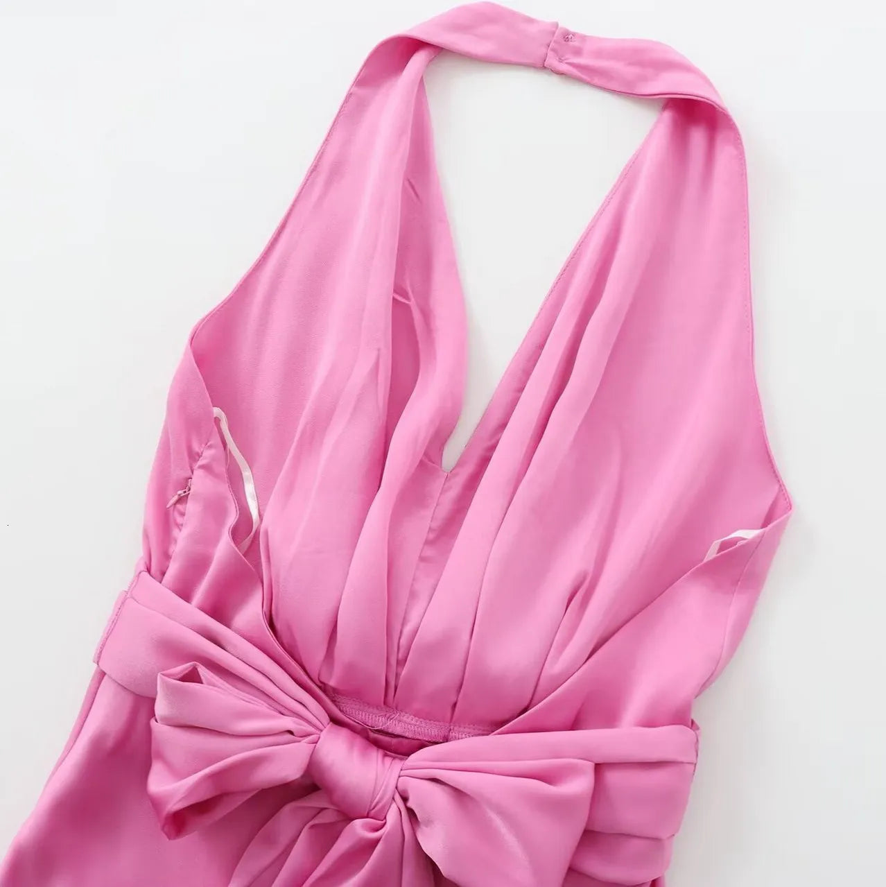 Women Pink Satin Detachable Bow Backless Midi Dress