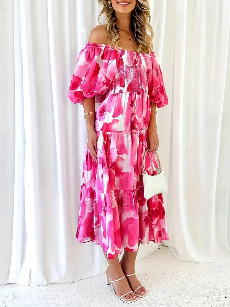 Abstract Print Off Shoulder Shirred Dress