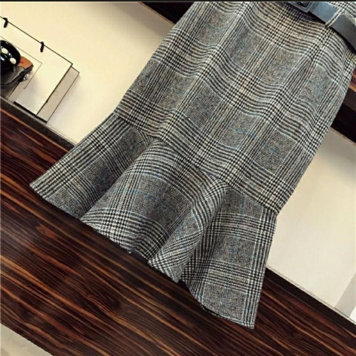 Grey Vintage style Plaid Women's two Piece Strap Fishtail Dress including Belt