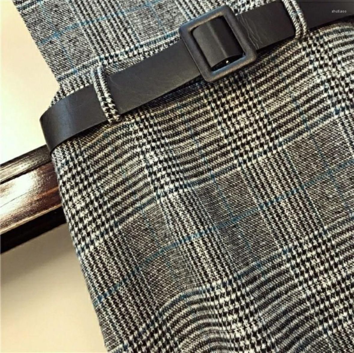 Grey Vintage style Plaid Women's two Piece Strap Fishtail Dress including Belt