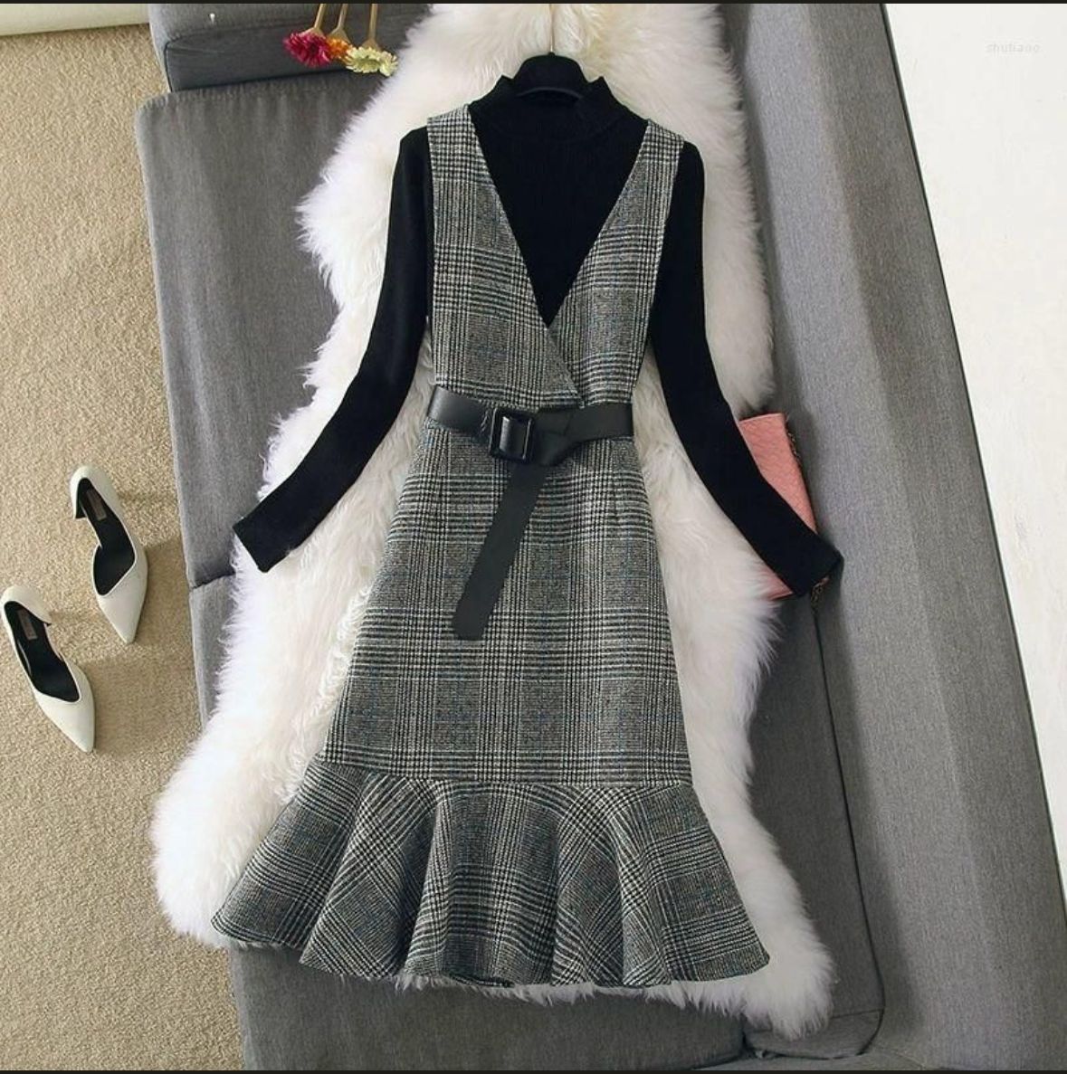 Grey Vintage style Plaid Women's two Piece Strap Fishtail Dress including Belt