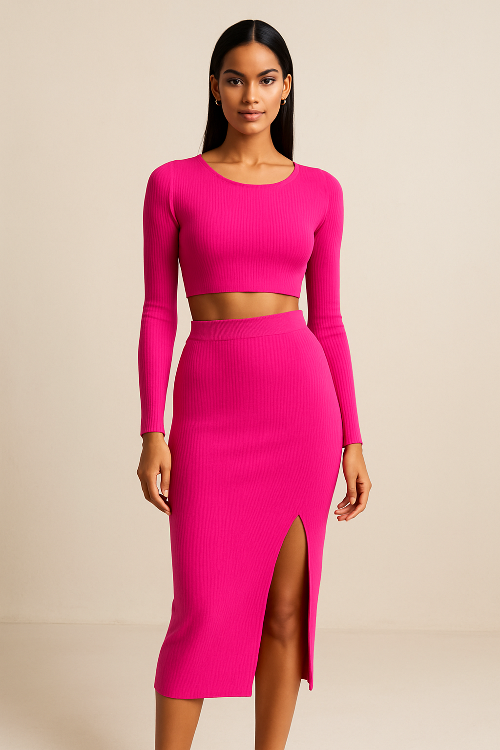 Pink Crop Top and Long Slit Skirt Set