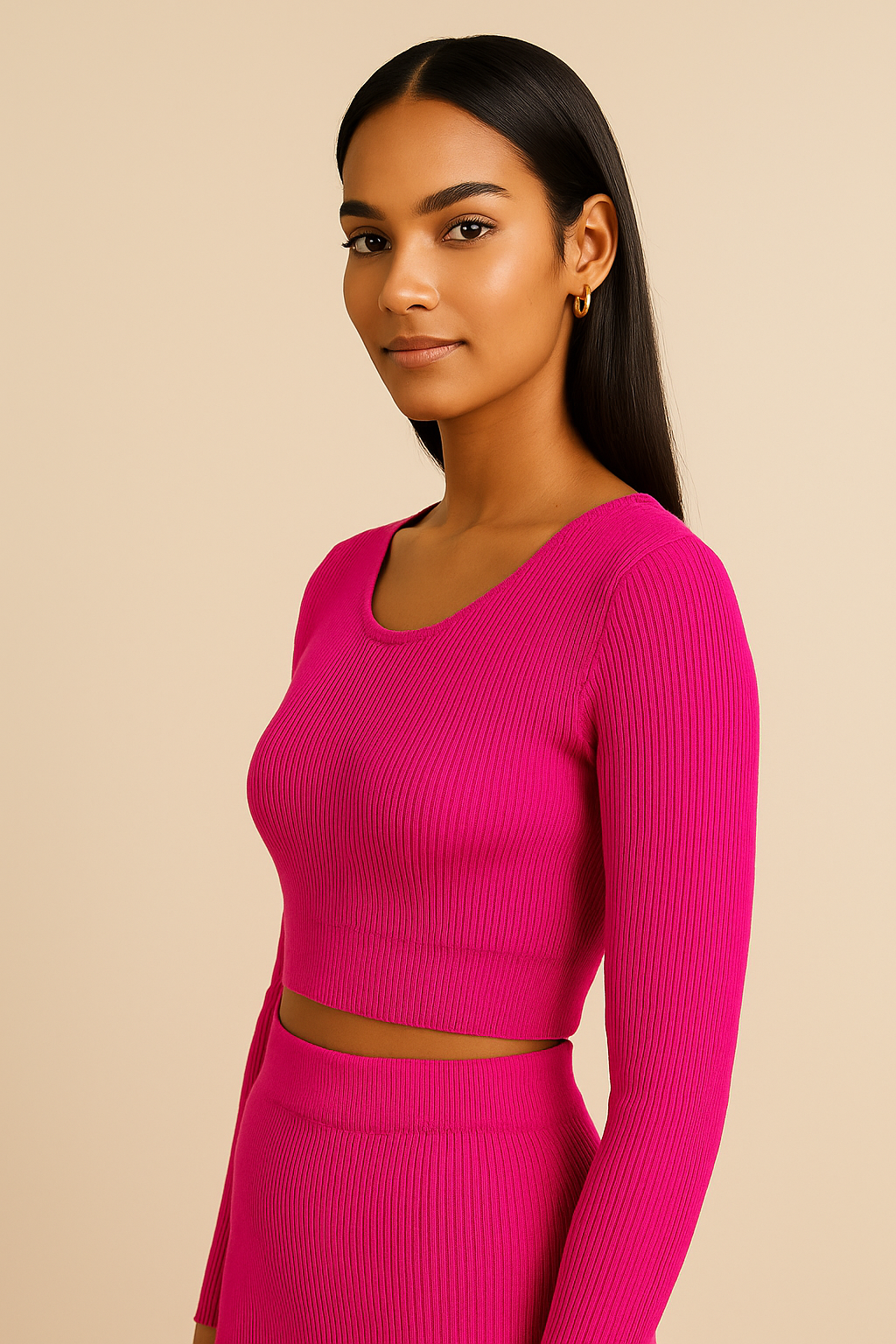 Pink Crop Top and Long Slit Skirt Set