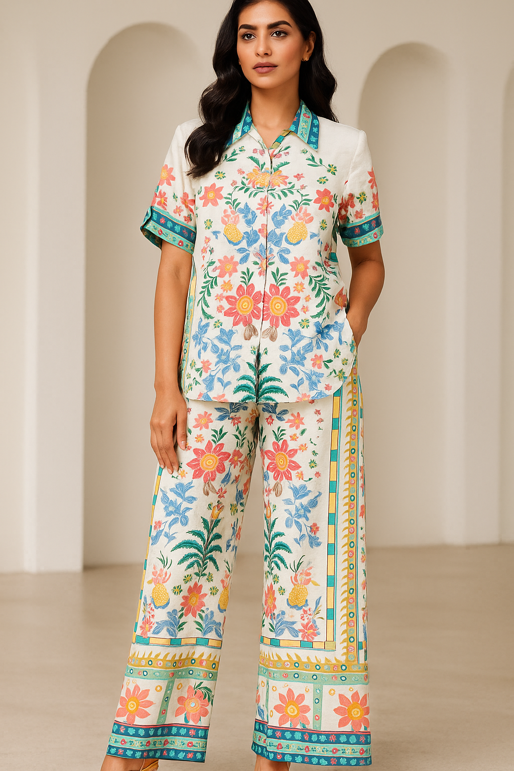 Floral-print linen flared trousers (Set of 2)