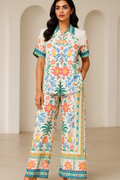 Floral-print linen flared trousers (Set of 2)
