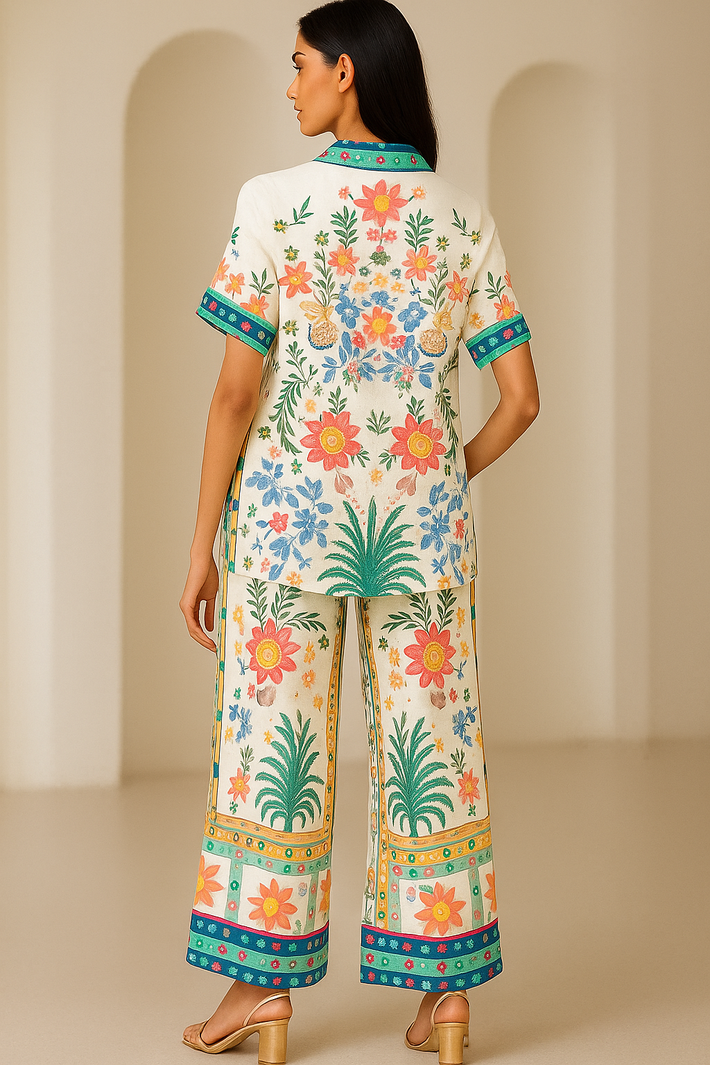 Floral-print linen flared trousers (Set of 2)