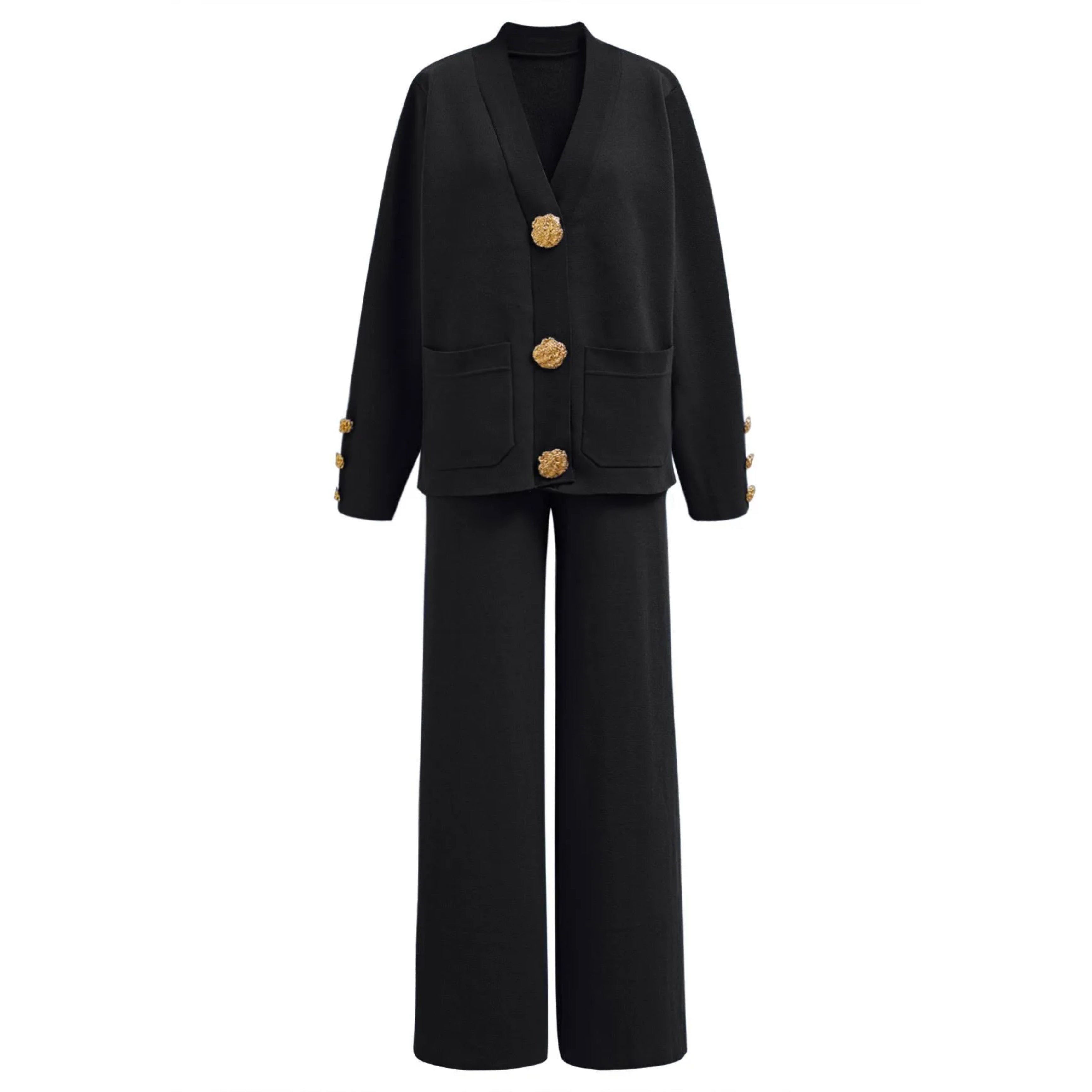 Metal Button Detail Knit Cardigan & Wide Legged Pant set
