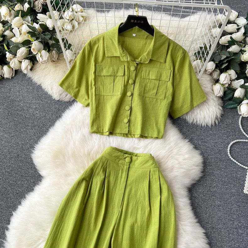 Short Sleeve Shirt and High Waist Trouser Set (Set of 2)