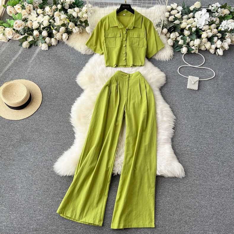 Short Sleeve Shirt and High Waist Trouser Set (Set of 2)