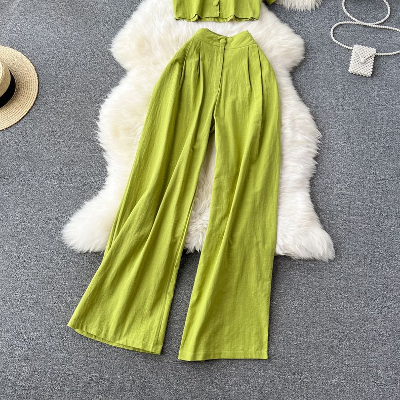 Short Sleeve Shirt and High Waist Trouser Set (Set of 2)