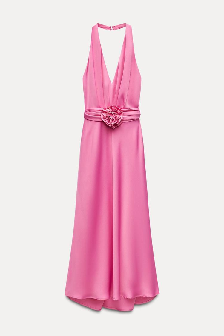 Women Pink Satin Detachable Bow Backless Midi Dress