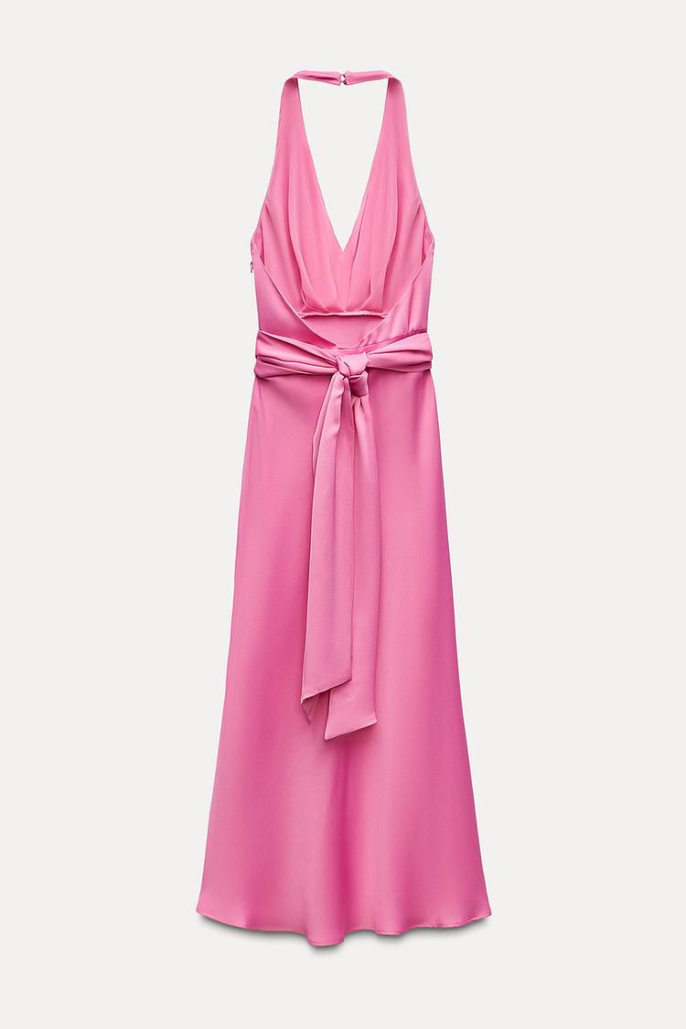 Women Pink Satin Detachable Bow Backless Midi Dress