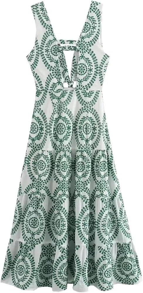 V-Neck Sleeveless Knot Decorated Hollow Embroidered Dress