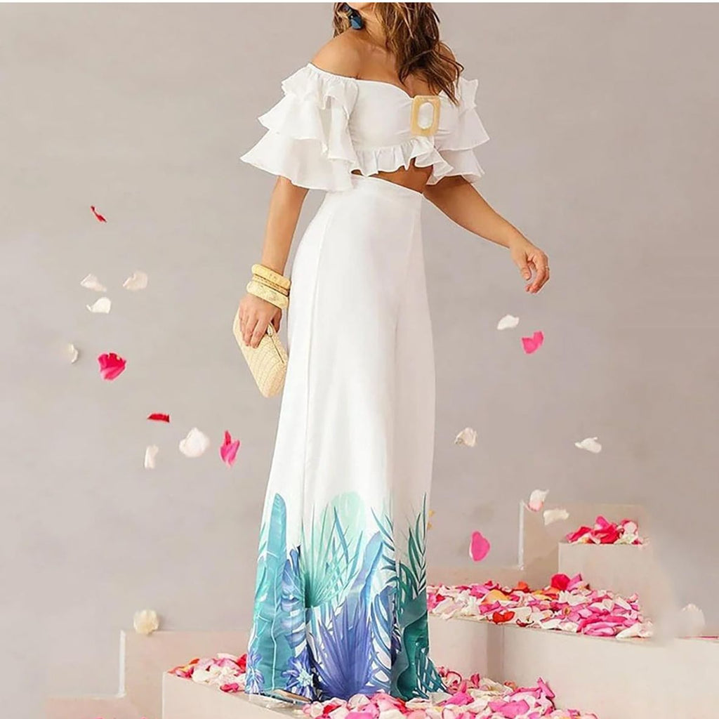 Printed Palazzo Pants and Cropped Top with Ruffles (Set of 2)
