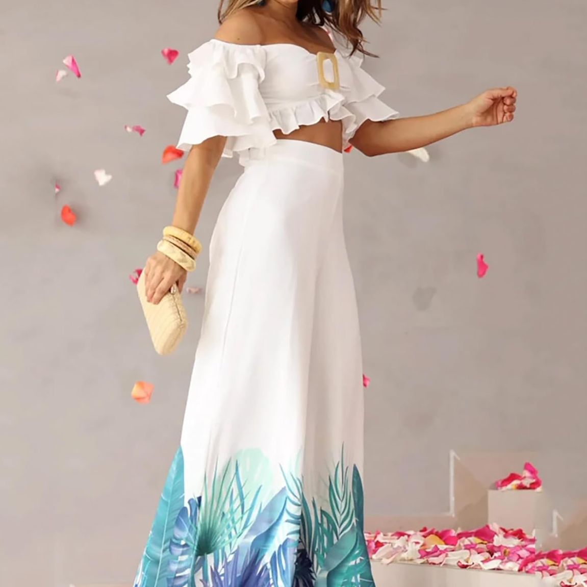 Printed Palazzo Pants and Cropped Top with Ruffles (Set of 2)