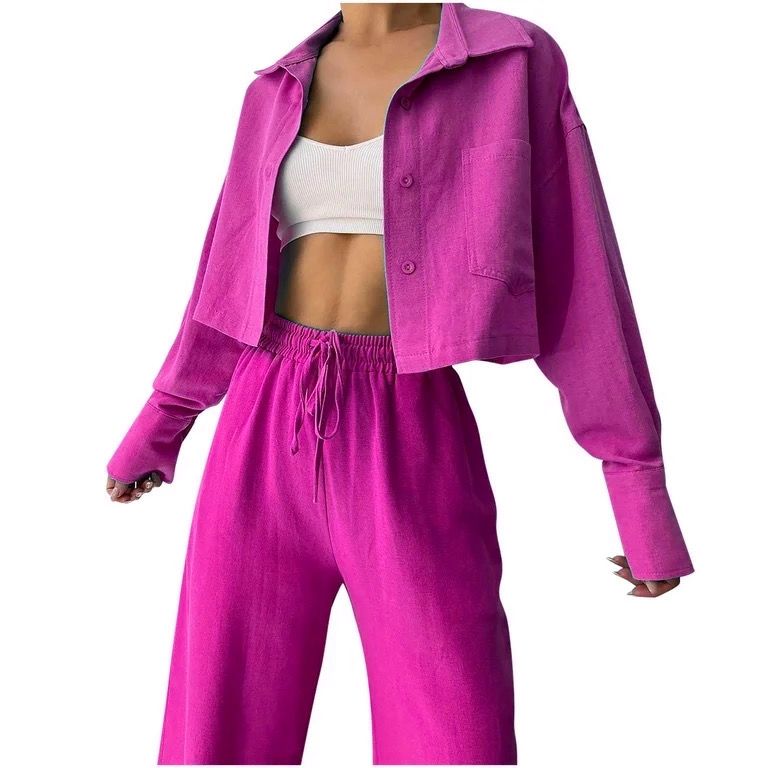 Cropped Casual Shirt Drawstring Trousers Set (Set of 2)