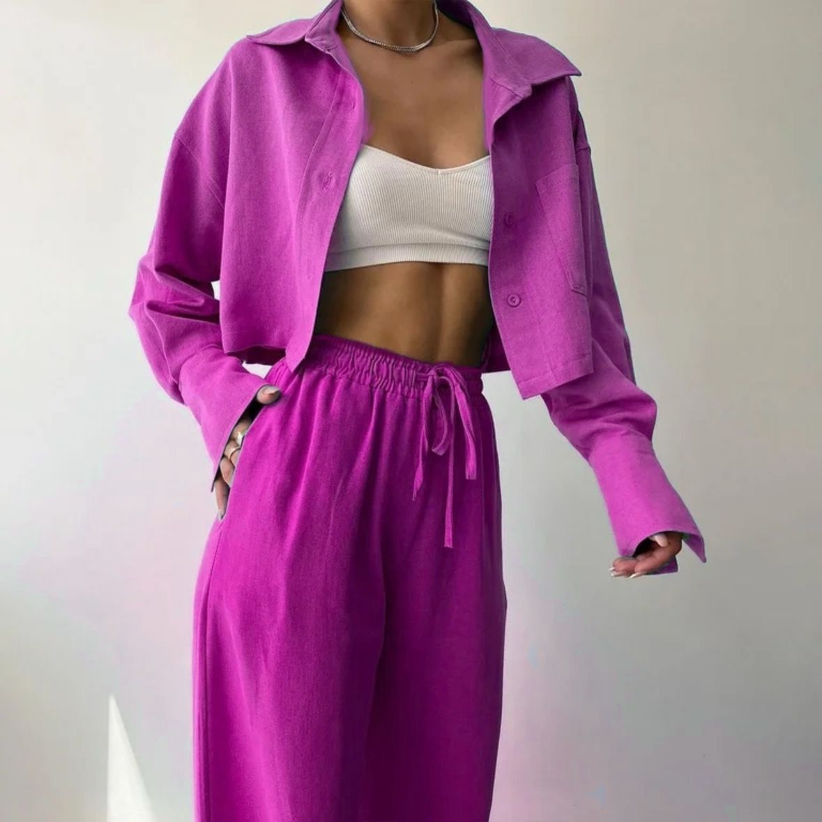 Cropped Casual Shirt Drawstring Trousers Set (Set of 2)