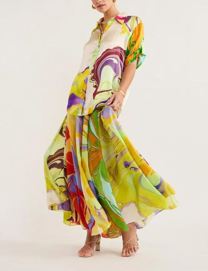 Abstract Print Satin Drawstring Skirt Set (Set of 2)