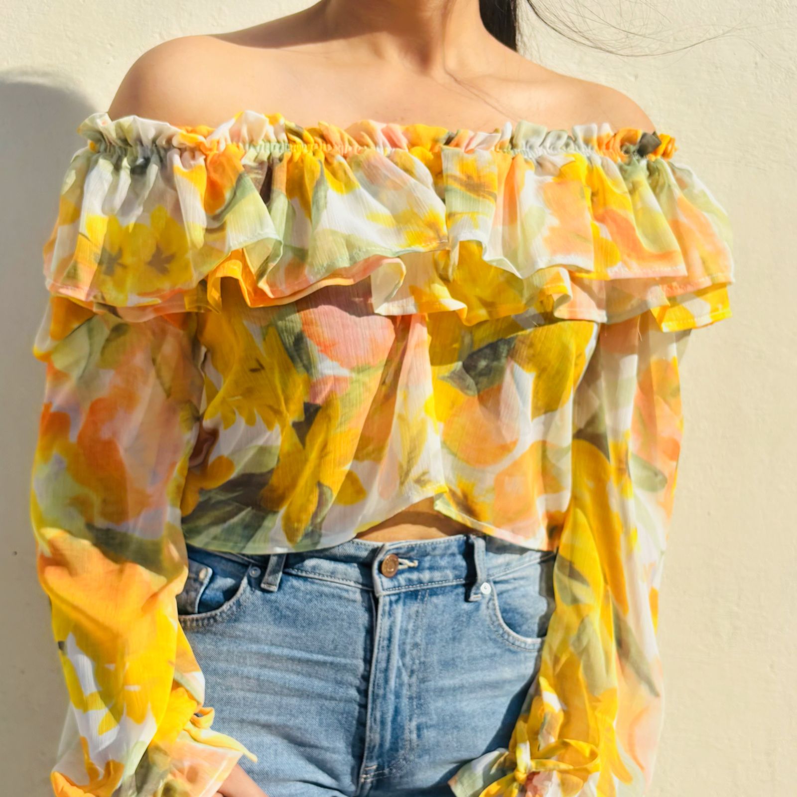 Ruffle Printed Off-shoulder Top