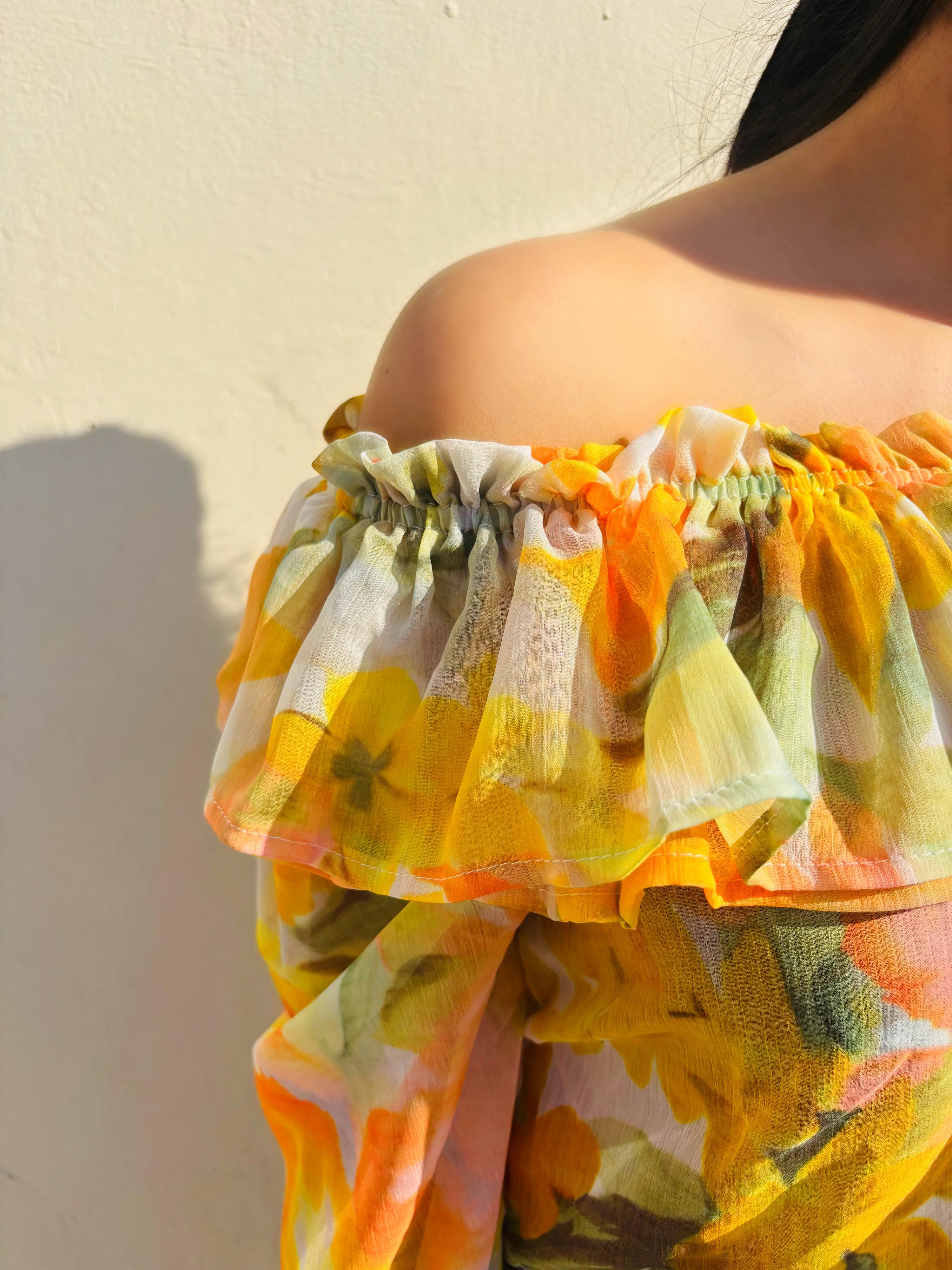 Ruffle Printed Off-shoulder Top