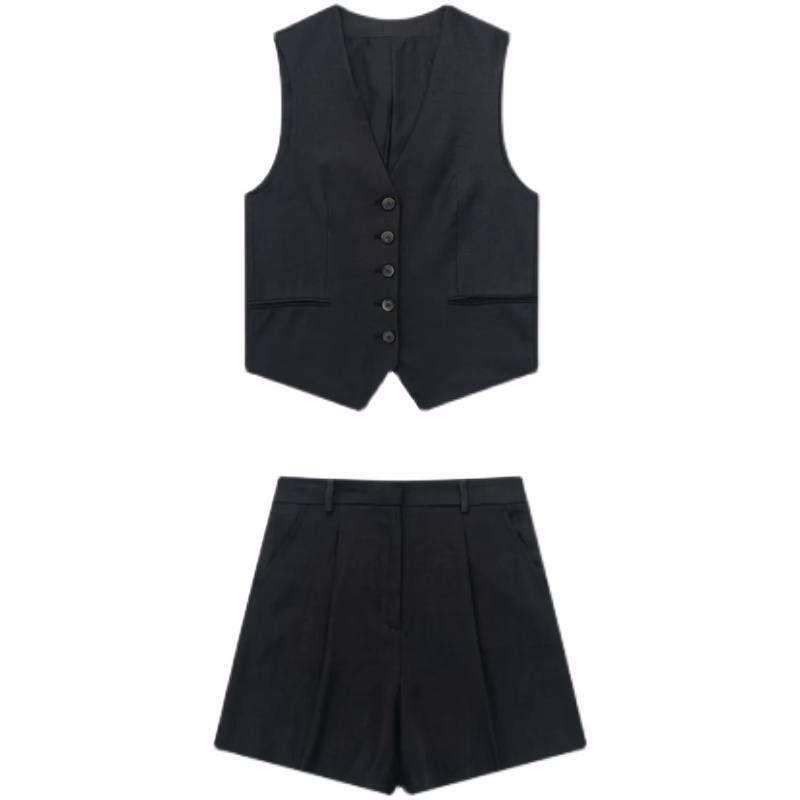 V-neck Linen blend Vest and Shorts Set (Set of 2)