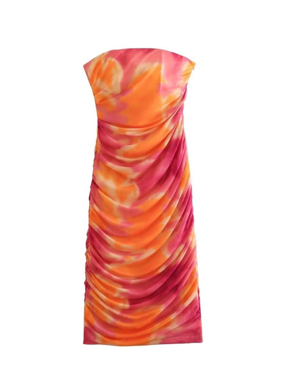 Floral Printed Gathered Strapless Sheath Dress