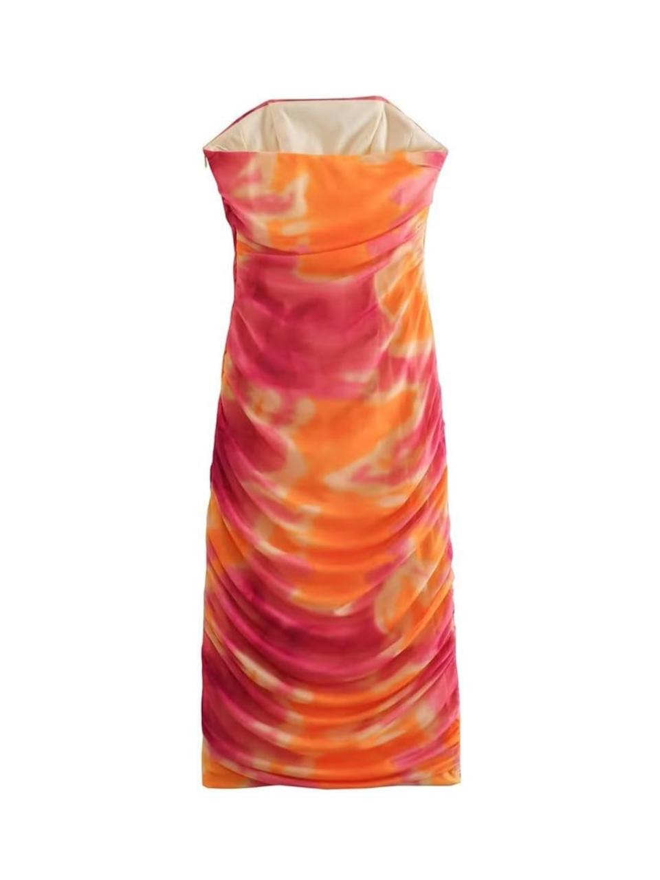Floral Printed Gathered Strapless Sheath Dress