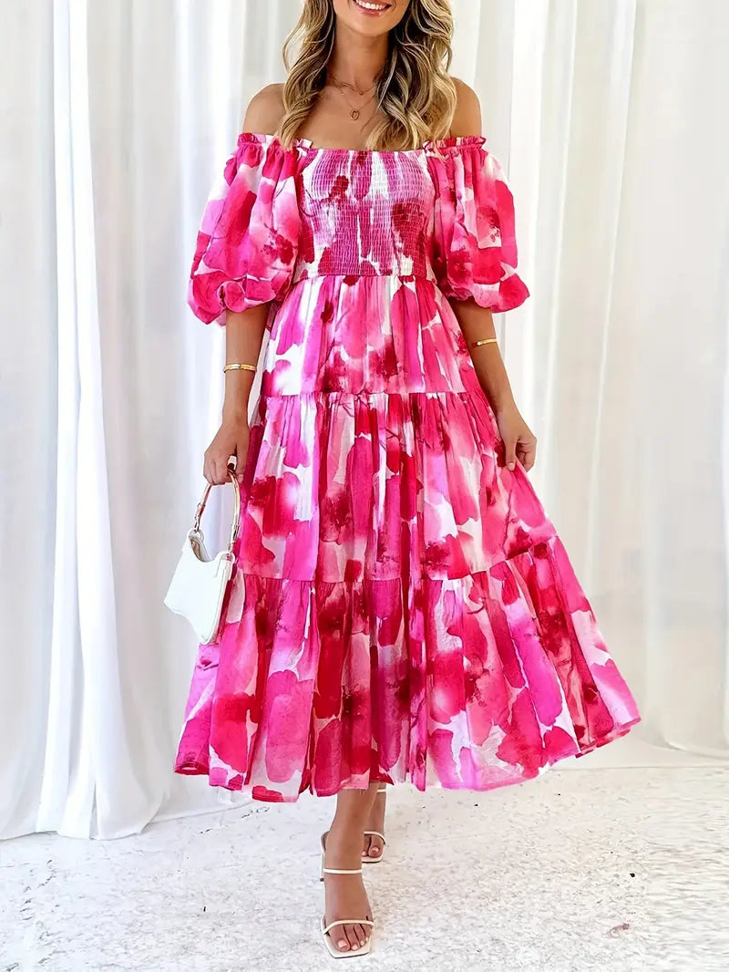 Abstract Print Off Shoulder Shirred Dress